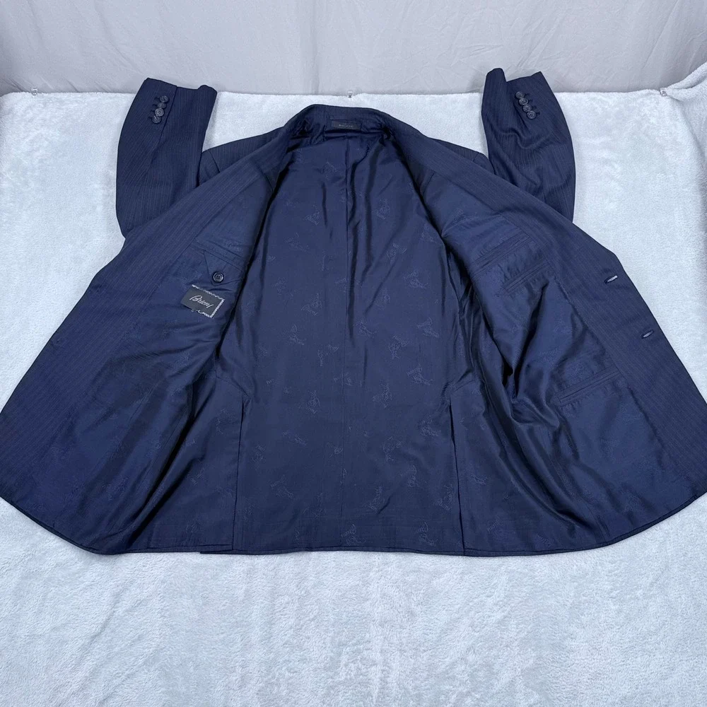 Brioni Colosse Suit Wool Silk Mens 44R Blazer Blue Tonal Stripe Cuffed Pants
